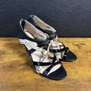 KORS Michael Kors Black Snakeskin Leather Strappy Stiletto Heel Sandals W 7.5